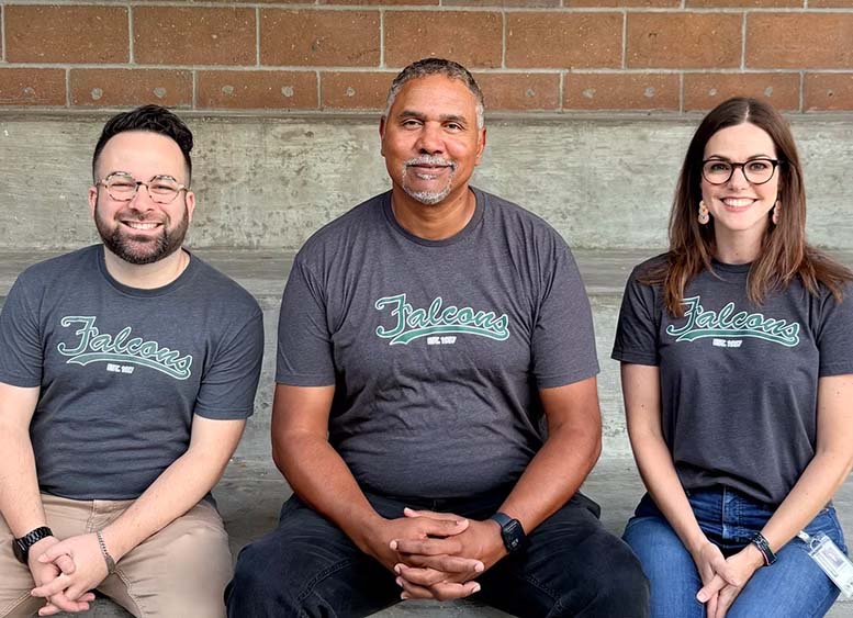 Assistant principals Mr. Jackson, Ms. Morehouse, and Mr. Weisman all wearing a Falcons shirt