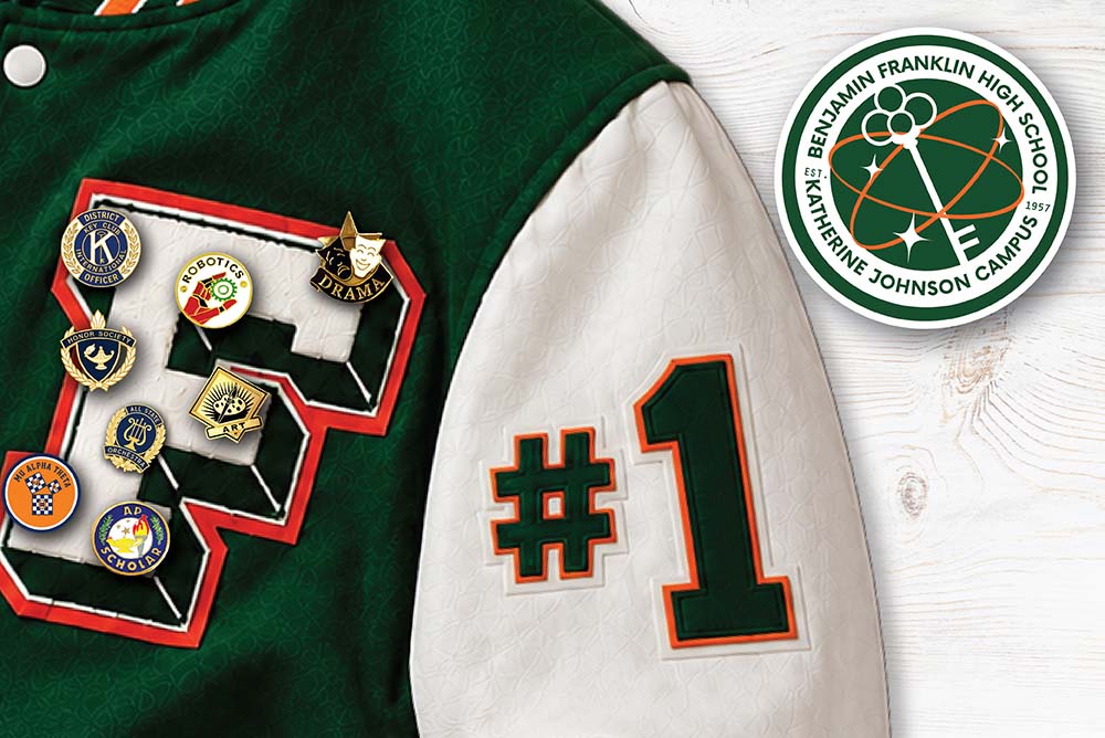 Franklin jacket with #1 embroidered on the sleeve and includes various pins