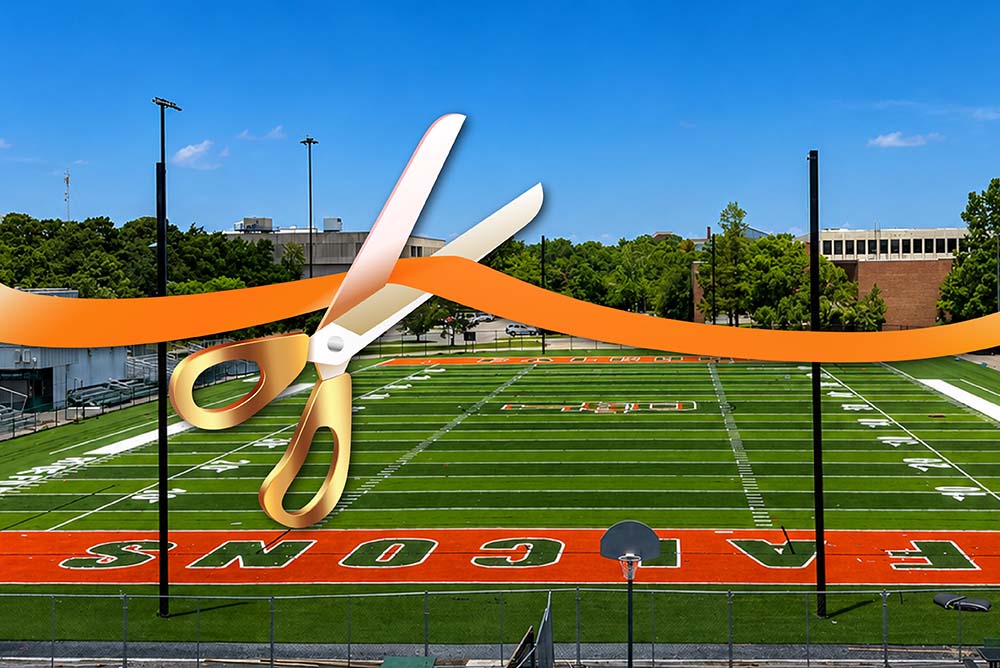 Falcon field with a ribbon and scissors